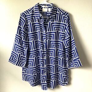 Chicos Wrinkle Resistant Linen Shirt 1 (Medium) Blue White Geometric Button Up